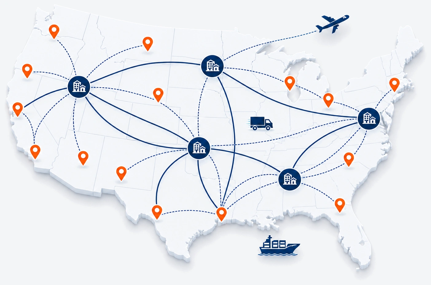 Map of the United States with regional distribution hubs linked by supply routes to delivery points nationwide, plus air and ocean freight lanes