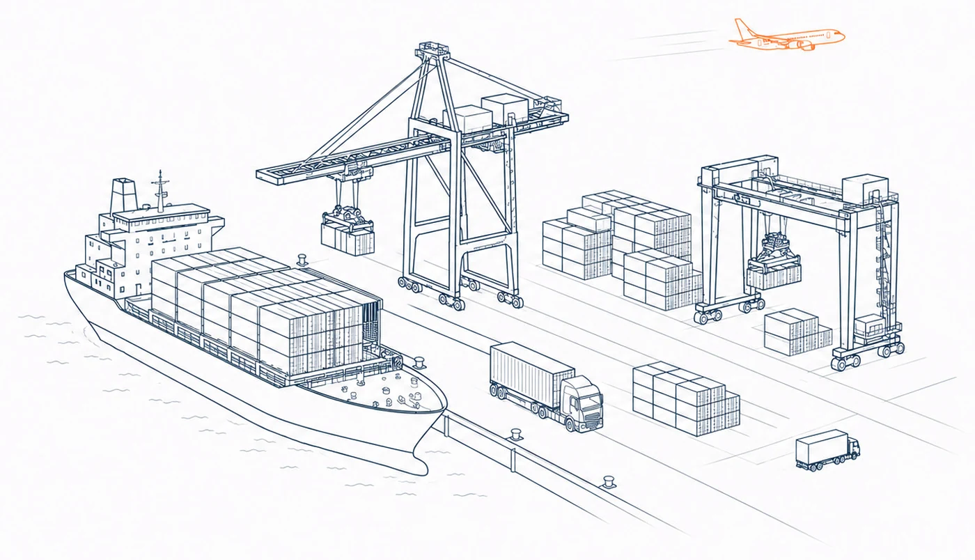 Line drawing of a container port: a loaded cargo ship, gantry cranes, stacked containers, and trucks moving freight